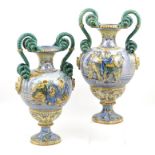 Pair of Italian maiolica pedestal vases, in the Cantigalli style,