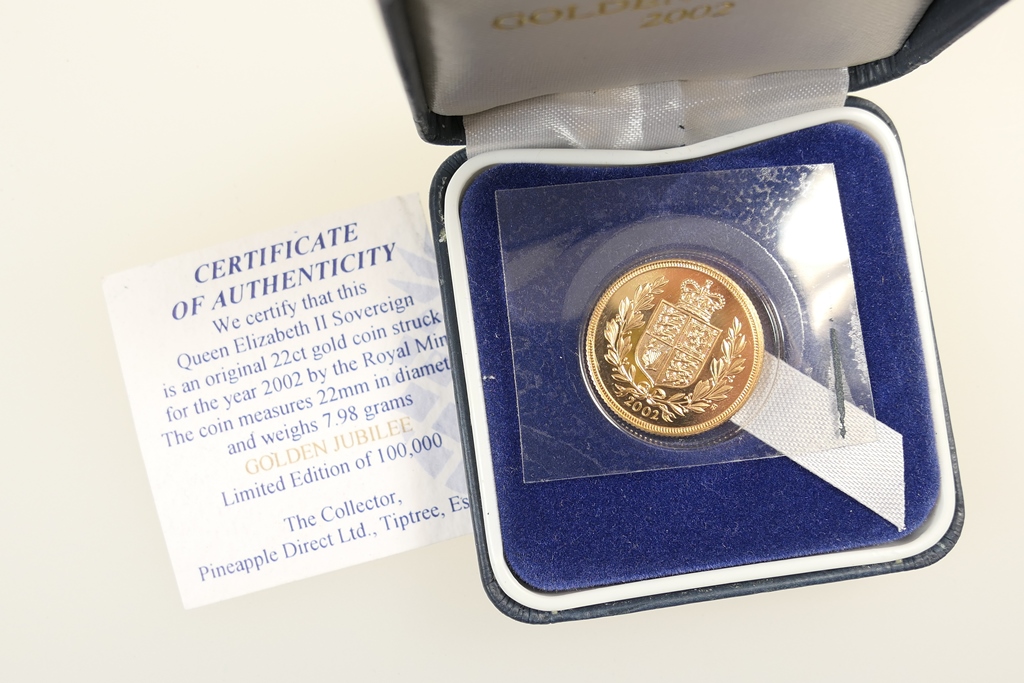 Queen Elizabeth II sovereign, 2002, limited edition for the Golden Jubilee (UNC), weight approx. 7.