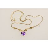 14ct gold amethyst and diamond pendant necklace, centred with a heart shaped amethyst of approx.