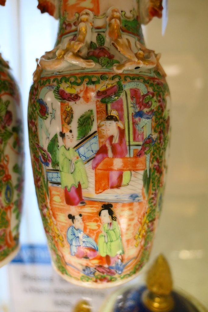 Pair of Cantonese famille rose vases, late 19th Century, ovoid form with a waisted neck, - Image 3 of 4
