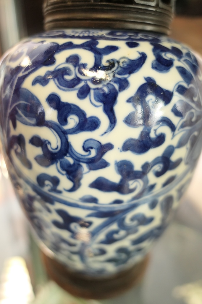 Chinese blue and white jar, 18th Century, ovoid form with pierced wooden cover, - Image 3 of 9