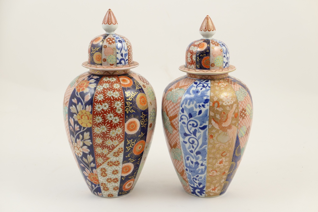 Matched pair of Japanese Fukugawa Imari vases, ovoid form,