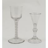 George III opaque twist wine glass, circa 1770, ogee bowl with basal flutes,