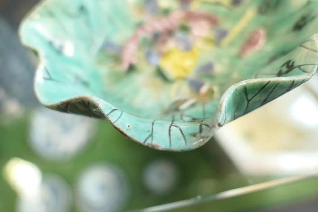 Chinese famille verte water lily dish, 18th or 19th Century, centred with a lily and a crustacean, - Image 6 of 7