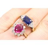 Synthetic ruby and white stone cluster ring,