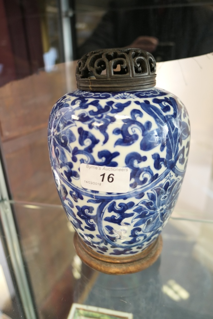 Chinese blue and white jar, 18th Century, ovoid form with pierced wooden cover, - Image 2 of 9