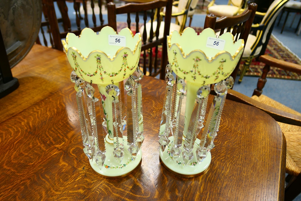 Pair of Victorian pale green opaline glass lustres, - Image 2 of 6