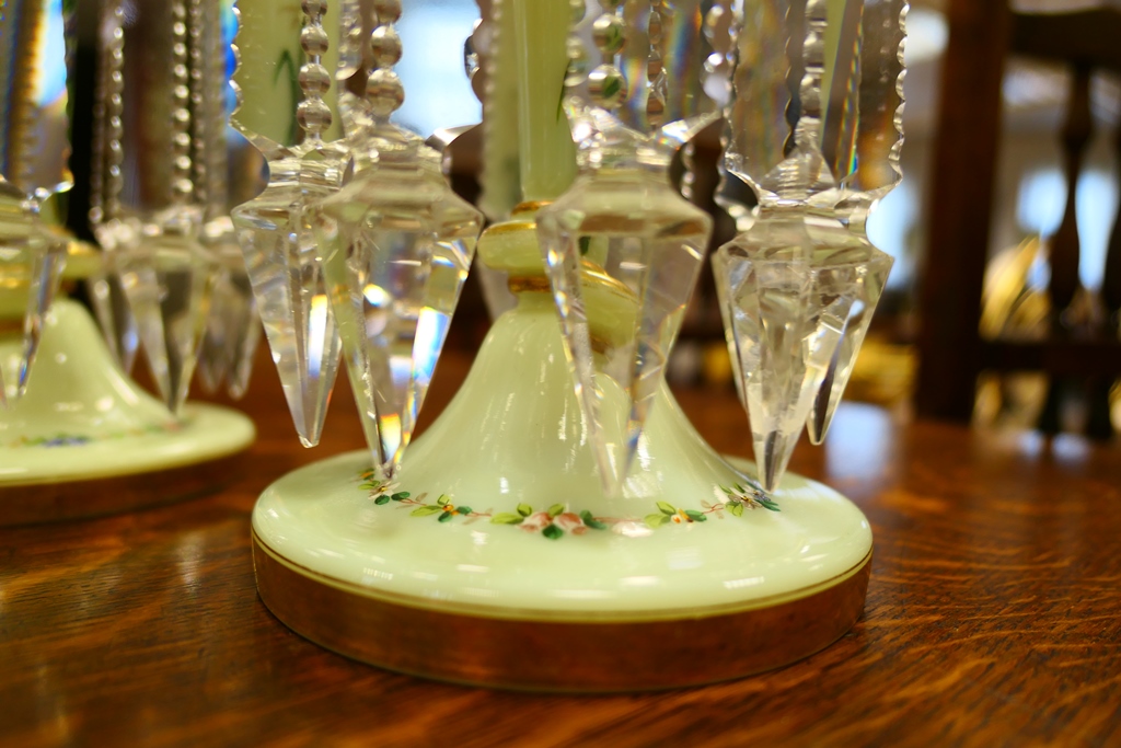 Pair of Victorian pale green opaline glass lustres, - Image 5 of 6