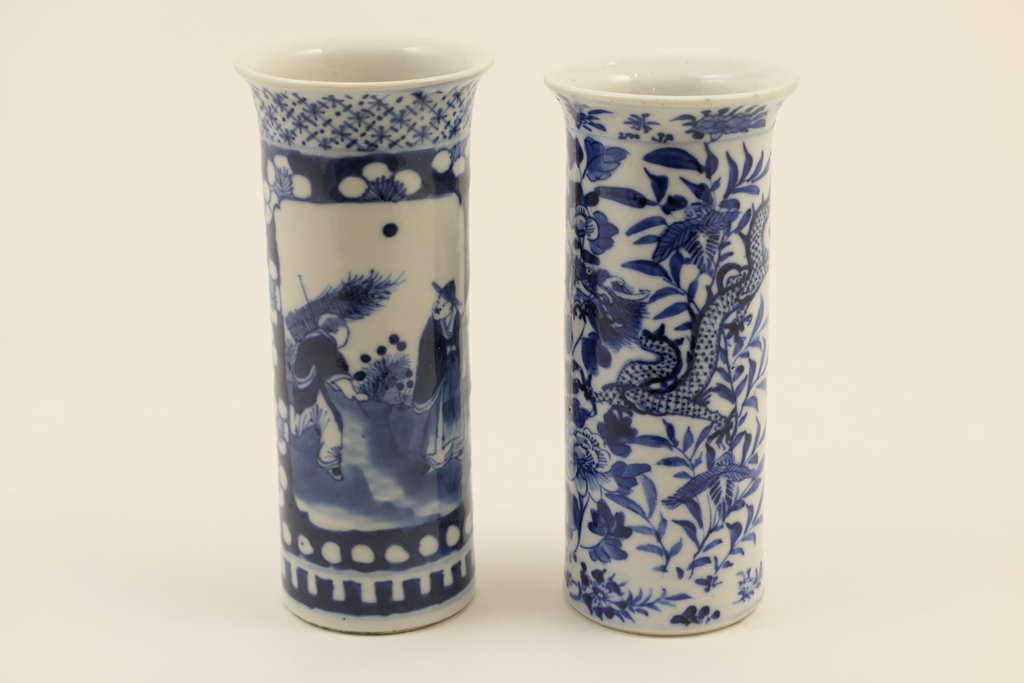 Two Chinese blue and white cylinder vases, late 19th Century,