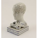 Staffordshire pearlware phrenology head inkstand, 19th Century, with black print around the head,