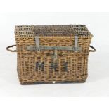 Arthur Craven wicker basket, with galvanised strap and bar clasps, and rope carrying handles,