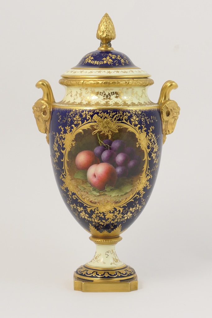 Coalport fruit decorated lidded pedestal vase, by F H Chivers, circa 1920-26, shape no.