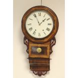 Victorian rosewood and inlaid drop trunk wall clock, 29cm painted dial with Roman numerals,