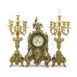 Green onyx and cast brass clock garniture, in Victorian style,