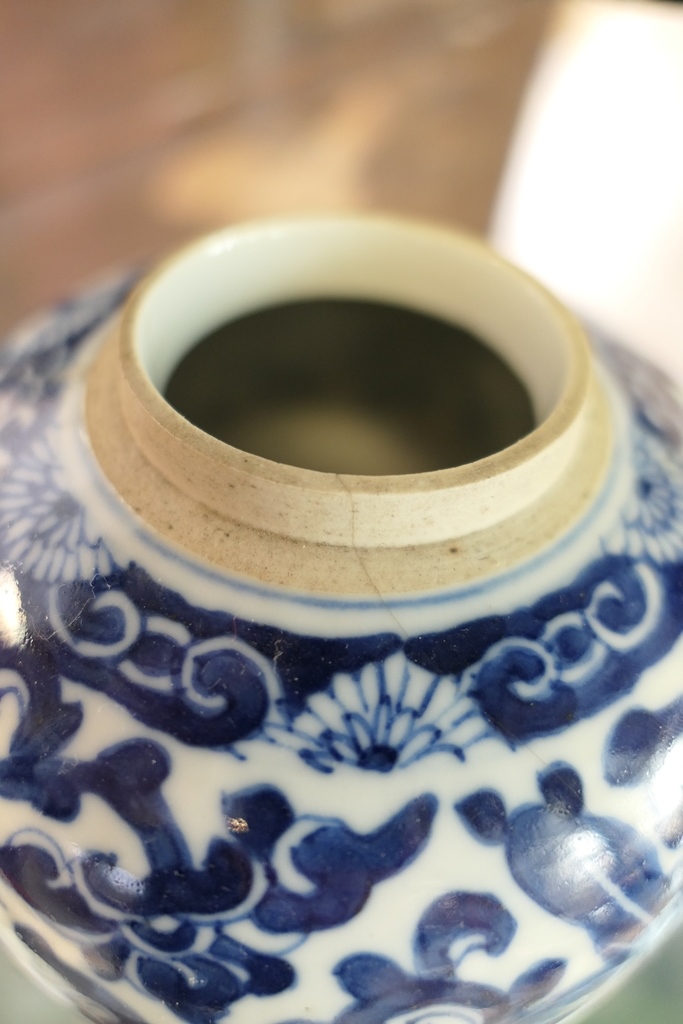 Chinese blue and white jar, 18th Century, ovoid form with pierced wooden cover, - Image 4 of 9