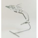 Daum crystal leaping dolphin, signed and presented on original chrome stand,