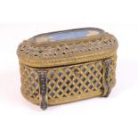 French brass jewellery casket, late 19th Century, oval shape with hinged cover,