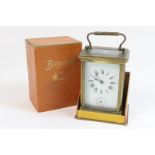 Bayard brass carriage clock, white enamelled dial with Roman numerals, with alarm dial beneath,