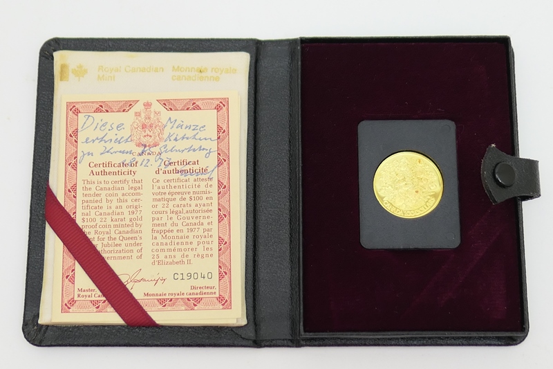 Queen Elizabeth II Silver Jubilee commemorative Canadian $100 gold coin, 1977, in 22ct gold,