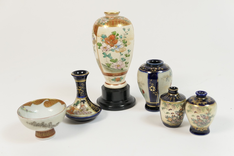 Four Japanese miniature vases, each with deep blue ground and gilded decoration, the largest 6.