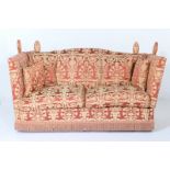 Knole settee, upholstered throughout in terracotta silk damask, with cushions, 204cm,