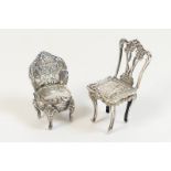 Two Dutch miniature silver chairs, one hallmarked Chester 1901, the other Birmingham 1927, 5.