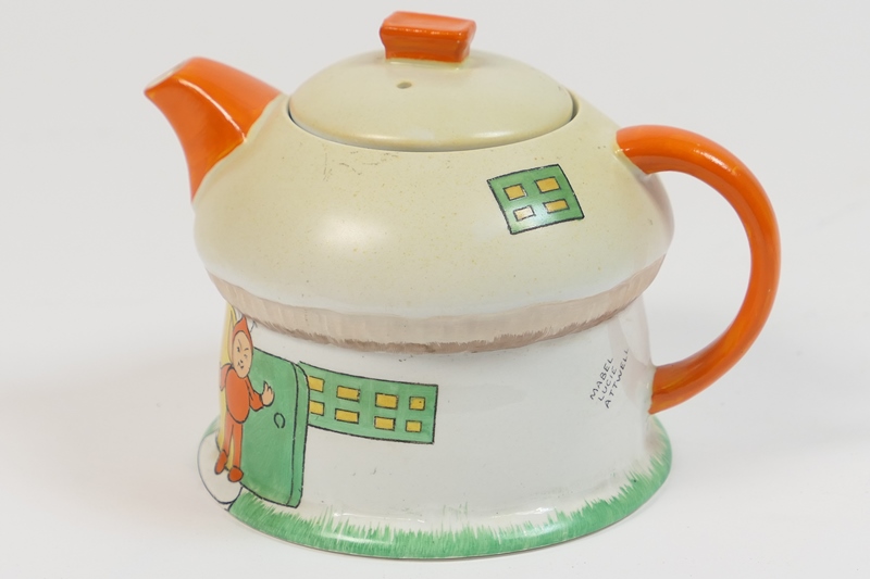 Shelley 'Mushroom House' teapot and cover designed by Mabel Lucie Attwell,