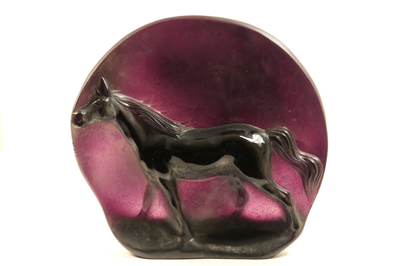 Daum limited edition Pate de Verre sculpted stallion plaque by Guy Petitfils, numbered 85/150,