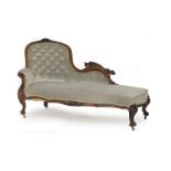Victorian carved walnut and upholstered chaise longue, circa 1850,