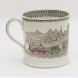Heath and Blackhurst railway patterned printware tankard, circa 1860, sparsely coloured,