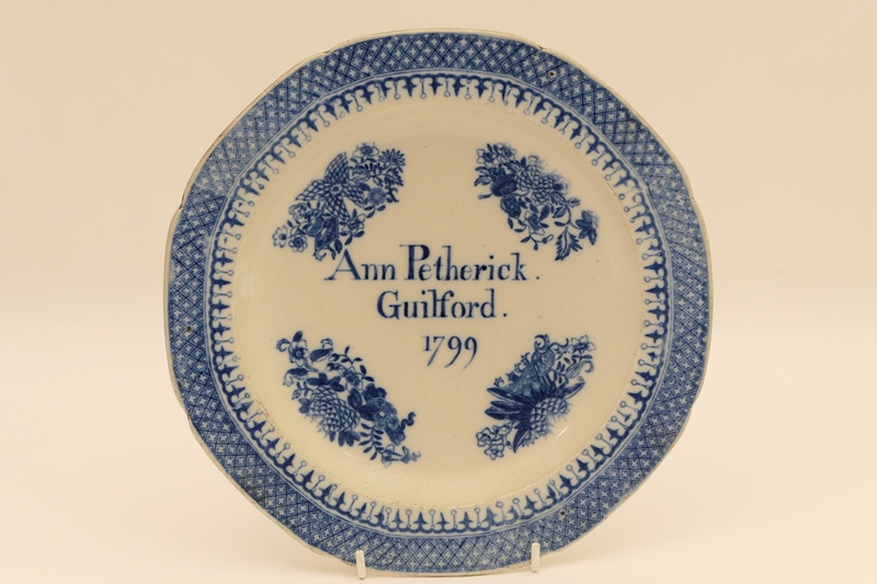 Rare Staffordshire dated blue and white printware plate, inscribed 'Ann Petherick, Guilford 1799',