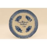 Rare Staffordshire dated blue and white printware plate, inscribed 'Ann Petherick, Guilford 1799',