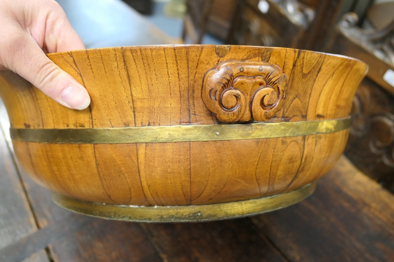 Chinese elm and brass banded bowl, with carved ruyi lappet handles, 49. - Image 3 of 6