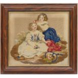 Victorian gross-point tapestry, Siblings, mounted within a stained ogee moulded wooden frame,