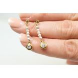 Pair of diamond and pearl pendant earrings,