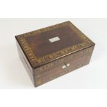 Victorian rosewood and parquetry inlaid sewing box, the interior with comparted silvered card tray,