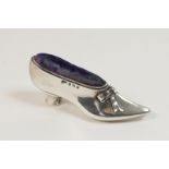 Edwardian silver novelty pin cushion in the form of a shoe, maker L&S, Birmingham 1906, 8.