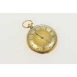 Swiss 18ct gold pocket watch, circa 1880, gilt coloured dial with matted and chased centre,