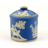 Wedgwood light blue jasperware tobacco jar and cover, cylinder form,