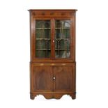 Mahogany and inlaid free standing corner display cabinet, early 19th Century,