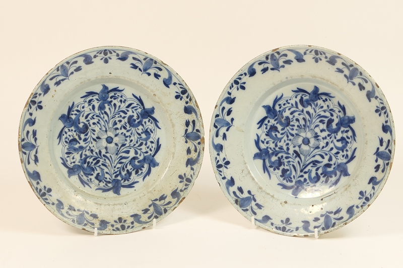 Pair of Dutch delft blue and white plates, circa 1740,