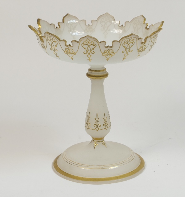 Victorian gilded satin glass comport, the circular top with crenellated rim,