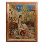 Large Victorian gross-point tapestry, The sick companion, featuring children attending to a pet dog,