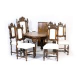 Victorian carved oak harlequin dining suite comprising extending dining table,