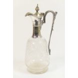 Victorian engraved glass claret jug with silver plated mounts, circa 1875, with hinged cover,