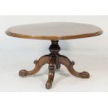 Victorian mahogany tilt top pedestal breakfast table, circa 1870-90, oval top with a moulded edge,