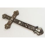 Walnut and mother of pearl inlaid cross, possibly Italian, detailed with symbols and foliage,