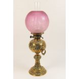 Victorian brass pedestal oil lamp,