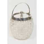 George V cut glass silver mounted biscuit barrel, Birmingham 1913, hobnail cut, silver mount,