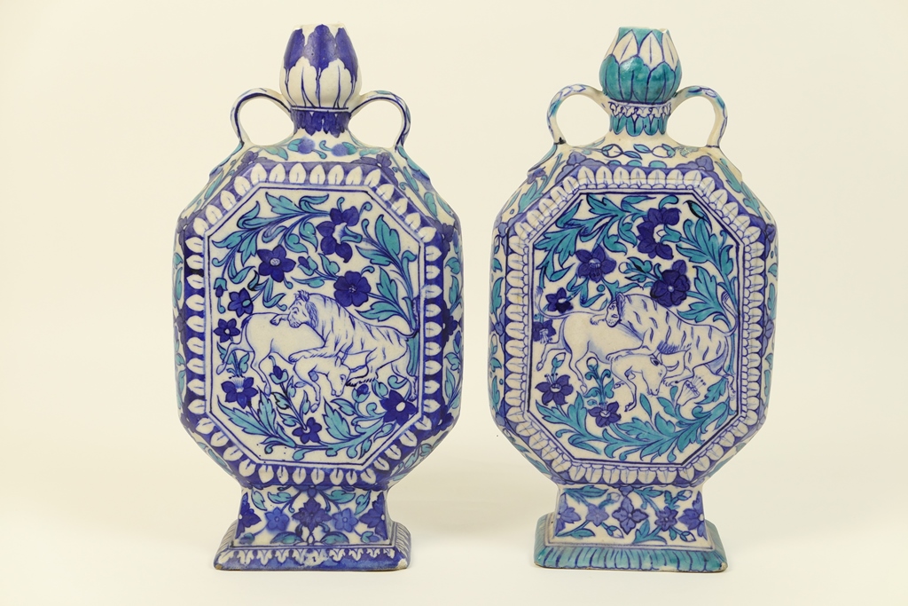 Matched pair of Persian faience octagonal vases, late 19th Century, - Image 2 of 2